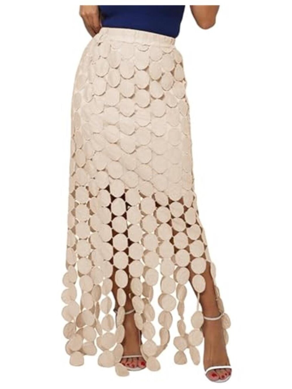 Boho Fringe Maxi Skirt High Waist Hollow Out Crochet Apricot Long Skirt